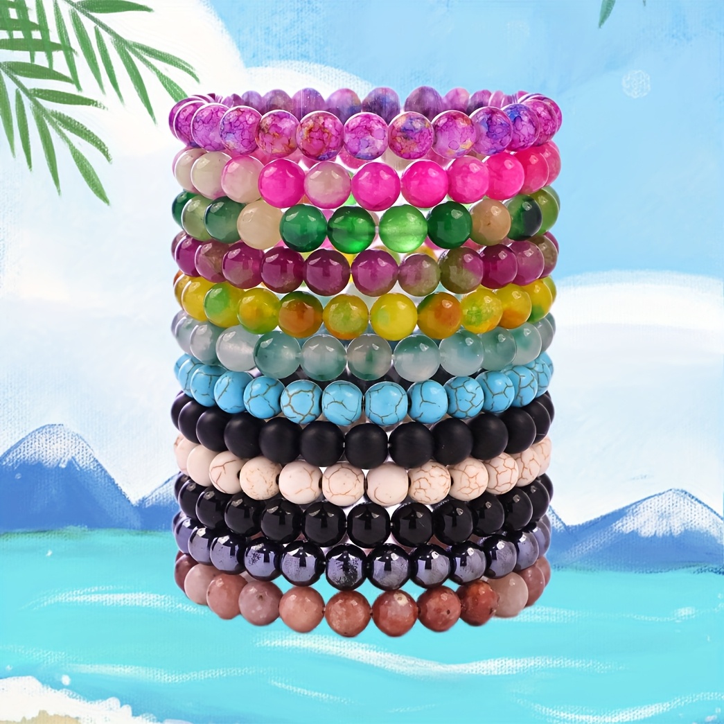 Women's 12 Natural Stone Beaded Stretch Bracelet Set
